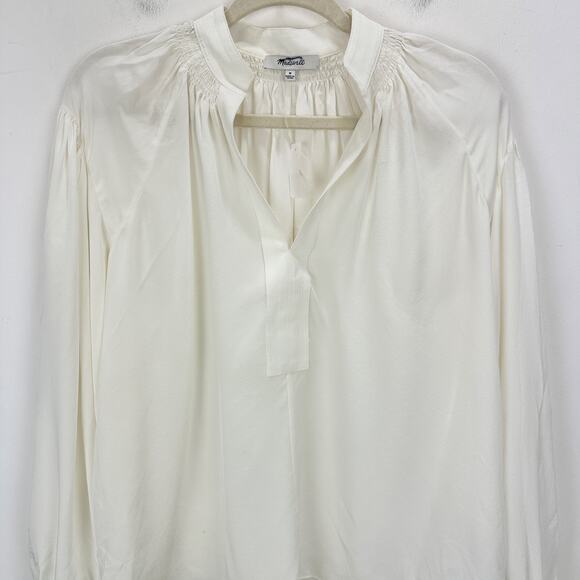Madewell Shirred Long Sleeve Top Blouse Silk Lightweight Winter White Medium NWT - Picture 7 of 16